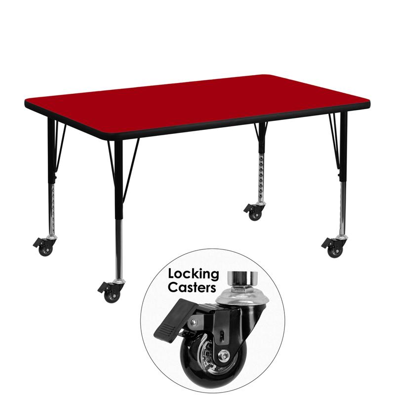 Flash Furniture Mobile 30''W x 48''L Rectangular Red Thermal Laminate Activity Table - Height Adjustable Short Legs - XU-A3048-REC-RED-T-P-CAS-GG