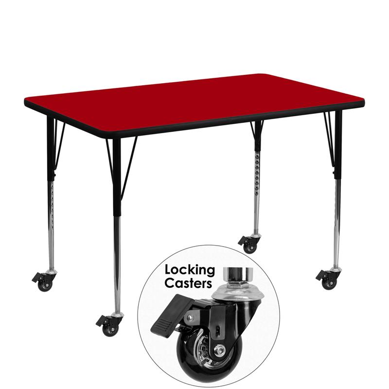 Flash Furniture Mobile 30''W x 48''L Rectangular Red Thermal Laminate Activity Table - Standard Height Adjustable Legs - XU-A3048-REC-RED-T-A-CAS-GG