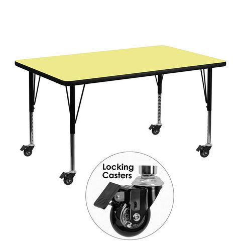 Flash Furniture Mobile 30''W x 48''L Rectangular Yellow Thermal Laminate Activity Table - Height Adjustable Short Legs - XU-A3048-REC-YEL-T-P-CAS-GG