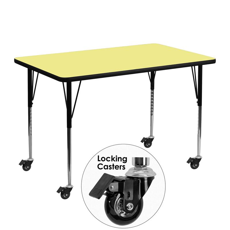 Flash Furniture Mobile 30''W x 48''L Rectangular Yellow Thermal Laminate Activity Table - Standard Height Adjustable Legs - XU-A3048-REC-YEL-T-A-CAS-GG