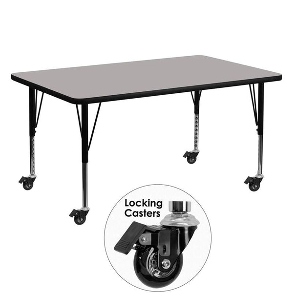 Flash Furniture Mobile 30''W x 60''L Rectangular Grey HP Laminate Activity Table - Height Adjustable Short Legs - XU-A3060-REC-GY-H-P-CAS-GG