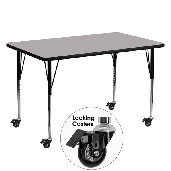 Flash Furniture Mobile 30''W x 60''L Rectangular Grey HP Laminate Activity Table - Standard Height Adjustable Legs - XU-A3060-REC-GY-H-A-CAS-GG