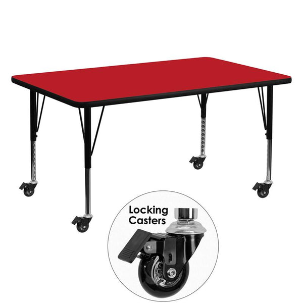 Flash Furniture Mobile 30''W x 60''L Rectangular Red HP Laminate Activity Table - Height Adjustable Short Legs - XU-A3060-REC-RED-H-P-CAS-GG