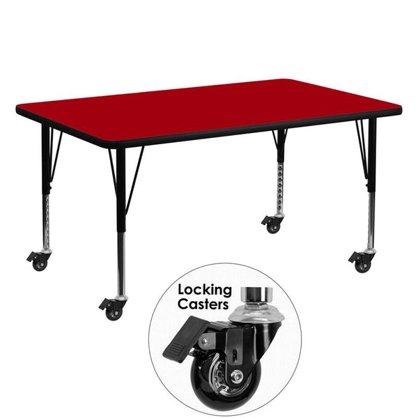 Flash Furniture Mobile 30''W x 60''L Rectangular Red Thermal Laminate Activity Table - Height Adjustable Short Legs - XU-A3060-REC-RED-T-P-CAS-GG