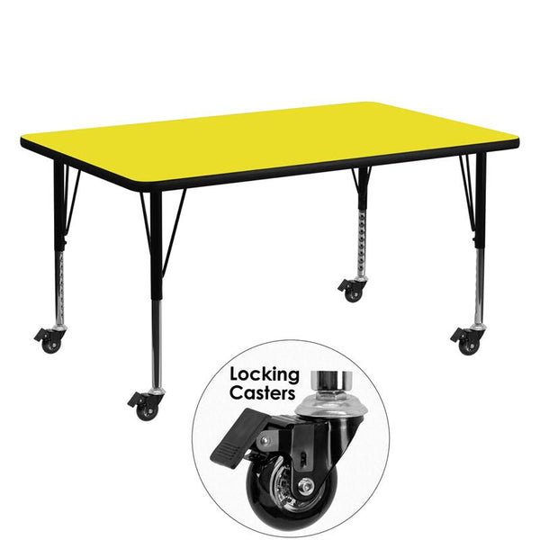 Flash Furniture Mobile 30''W x 60''L Rectangular Yellow HP Laminate Activity Table - Height Adjustable Short Legs - XU-A3060-REC-YEL-H-P-CAS-GG