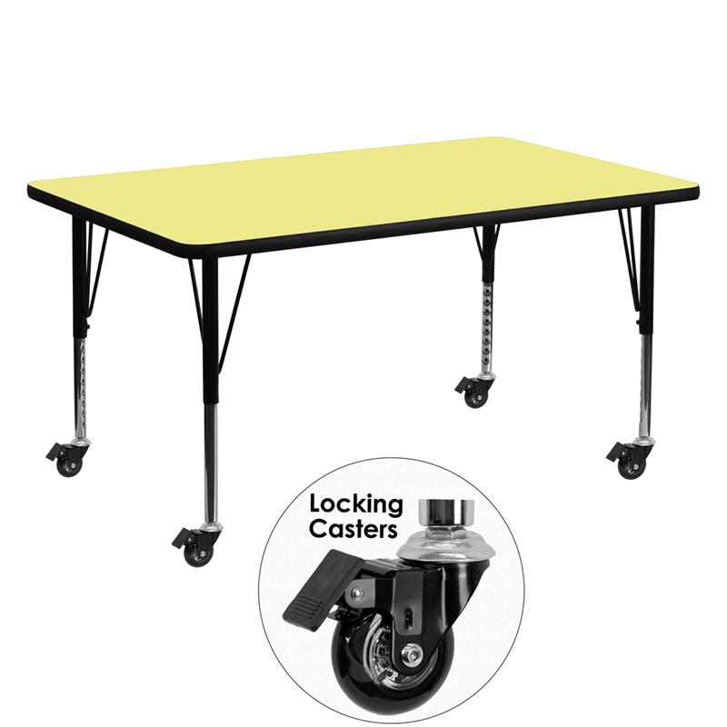 Flash Furniture Mobile 30''W x 60''L Rectangular Yellow Thermal Laminate Activity Table - Height Adjustable Short Legs - XU-A3060-REC-YEL-T-P-CAS-GG