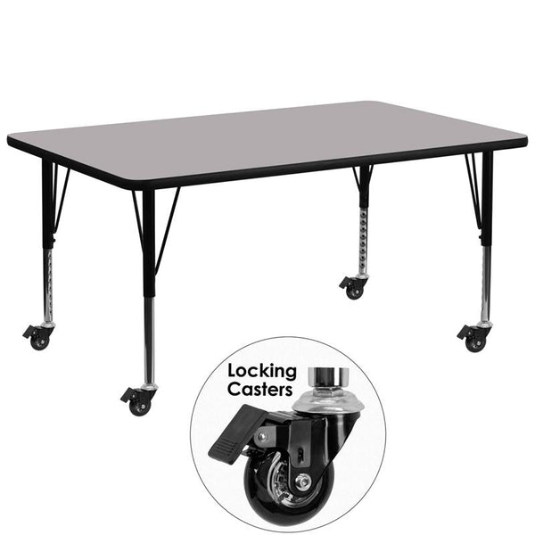 Flash Furniture Mobile 30''W x 72''L Rectangular Grey Thermal Laminate Activity Table - Height Adjustable Short Legs - XU-A3072-REC-GY-T-P-CAS-GG