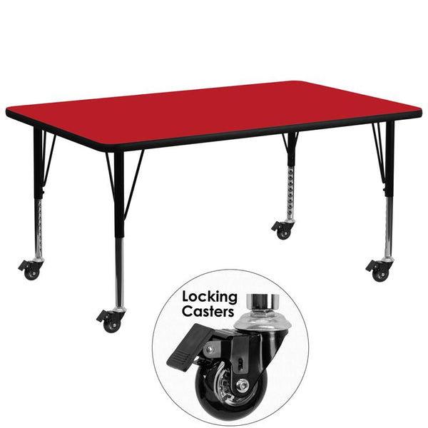 Flash Furniture Mobile 30''W x 72''L Rectangular Red HP Laminate Activity Table - Height Adjustable Short Legs - XU-A3072-REC-RED-H-P-CAS-GG