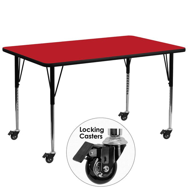 Flash Furniture Mobile 30''W x 72''L Rectangular Red HP Laminate Activity Table - Standard Height Adjustable Legs - XU-A3072-REC-RED-H-A-CAS-GG