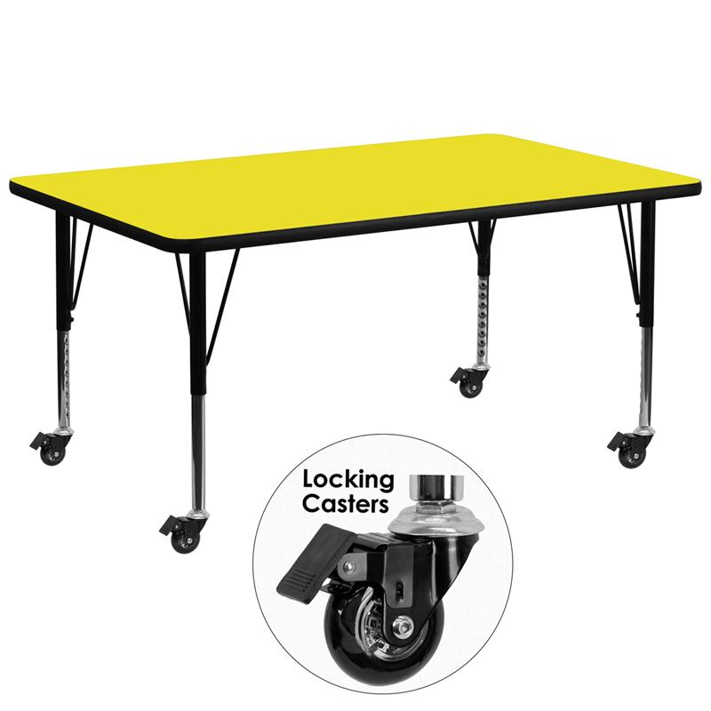 Flash Furniture Mobile 30''W x 72''L Rectangular Yellow HP Laminate Activity Table - Height Adjustable Short Legs - XU-A3072-REC-YEL-H-P-CAS-GG