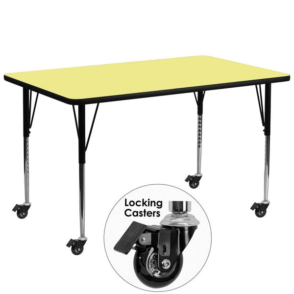 Flash Furniture Mobile 30''W x 72''L Rectangular Yellow Thermal Laminate Activity Table - Standard Height Adjustable Legs - XU-A3072-REC-YEL-T-A-CAS-GG