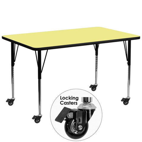 Flash Furniture Mobile 30''W x 72''L Rectangular Yellow Thermal Laminate Activity Table - Standard Height Adjustable Legs - XU-A3072-REC-YEL-T-A-CAS-GG