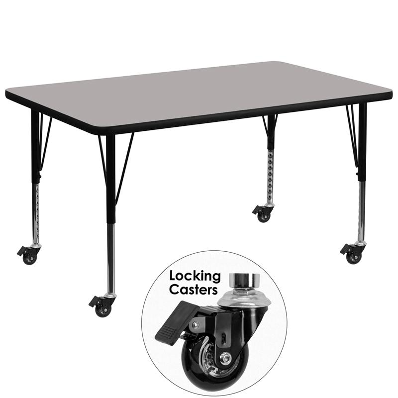 Flash Furniture Mobile 36''W x 72''L Rectangular Grey HP Laminate Activity Table - Height Adjustable Short Legs - XU-A3672-REC-GY-H-P-CAS-GG