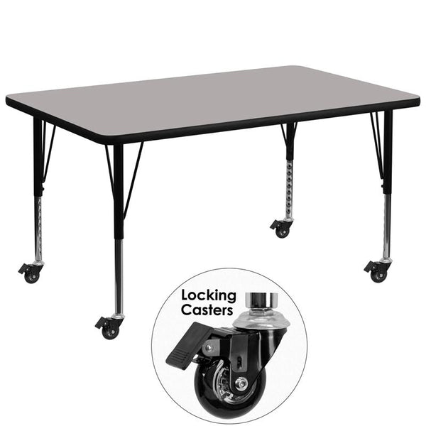 Flash Furniture Mobile 36''W x 72''L Rectangular Grey HP Laminate Activity Table - Height Adjustable Short Legs - XU-A3672-REC-GY-H-P-CAS-GG