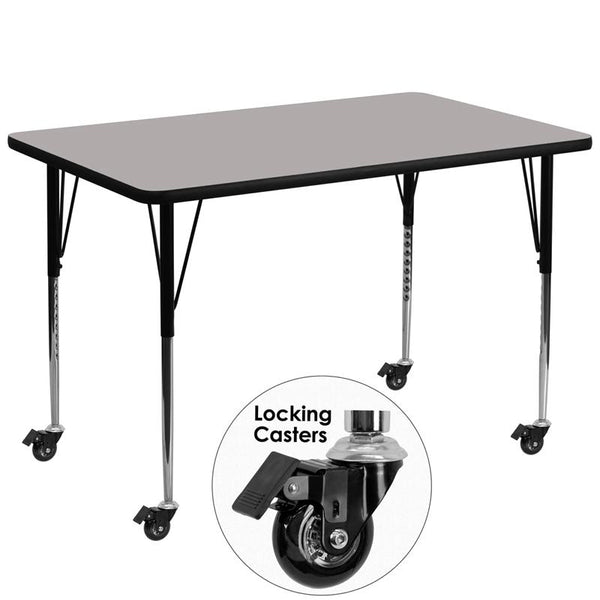 Flash Furniture Mobile 36''W x 72''L Rectangular Grey HP Laminate Activity Table - Standard Height Adjustable Legs - XU-A3672-REC-GY-H-A-CAS-GG