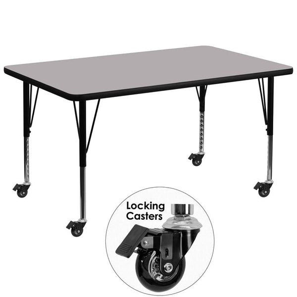 Flash Furniture Mobile 36''W x 72''L Rectangular Grey Thermal Laminate Activity Table - Height Adjustable Short Legs - XU-A3672-REC-GY-T-P-CAS-GG