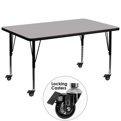 Flash Furniture Mobile 36''W x 72''L Rectangular Grey Thermal Laminate Activity Table - Height Adjustable Short Legs - XU-A3672-REC-GY-T-P-CAS-GG