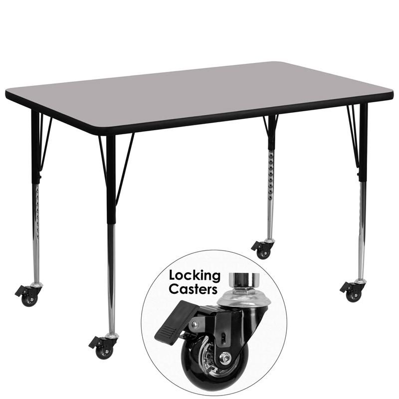 Flash Furniture Mobile 36''W x 72''L Rectangular Grey Thermal Laminate Activity Table - Standard Height Adjustable Legs - XU-A3672-REC-GY-T-A-CAS-GG