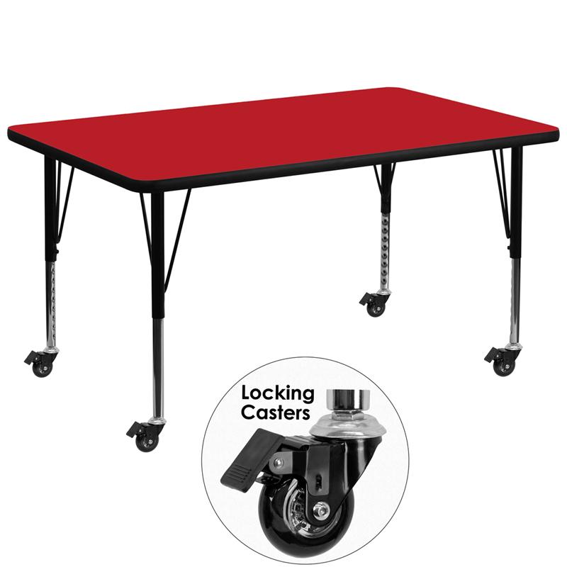 Flash Furniture Mobile 36''W x 72''L Rectangular Red HP Laminate Activity Table - Height Adjustable Short Legs - XU-A3672-REC-RED-H-P-CAS-GG