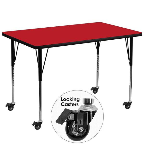 Flash Furniture Mobile 36''W x 72''L Rectangular Red HP Laminate Activity Table - Standard Height Adjustable Legs - XU-A3672-REC-RED-H-A-CAS-GG