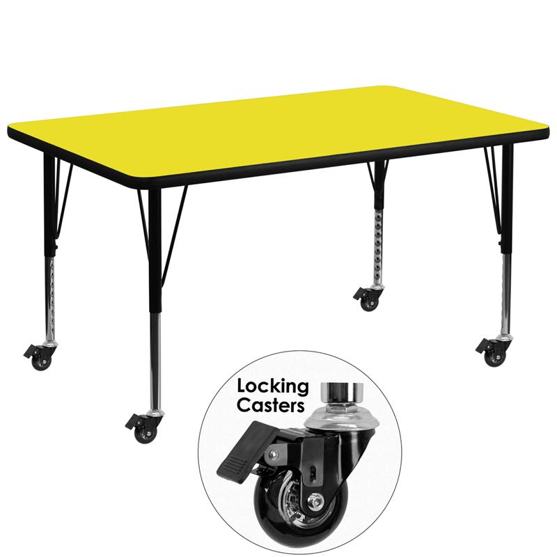 Flash Furniture Mobile 36''W x 72''L Rectangular Yellow HP Laminate Activity Table - Height Adjustable Short Legs - XU-A3672-REC-YEL-H-P-CAS-GG