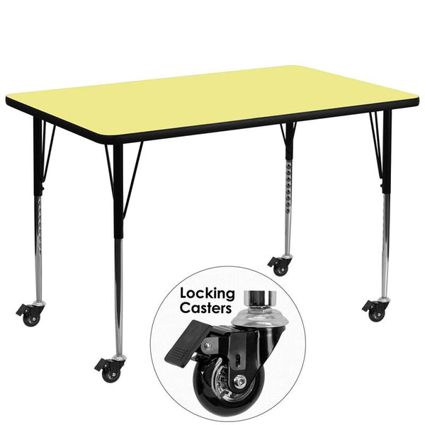 Flash Furniture Mobile 36''W x 72''L Rectangular Yellow Thermal Laminate Activity Table - Standard Height Adjustable Legs - XU-A3672-REC-YEL-T-A-CAS-GG