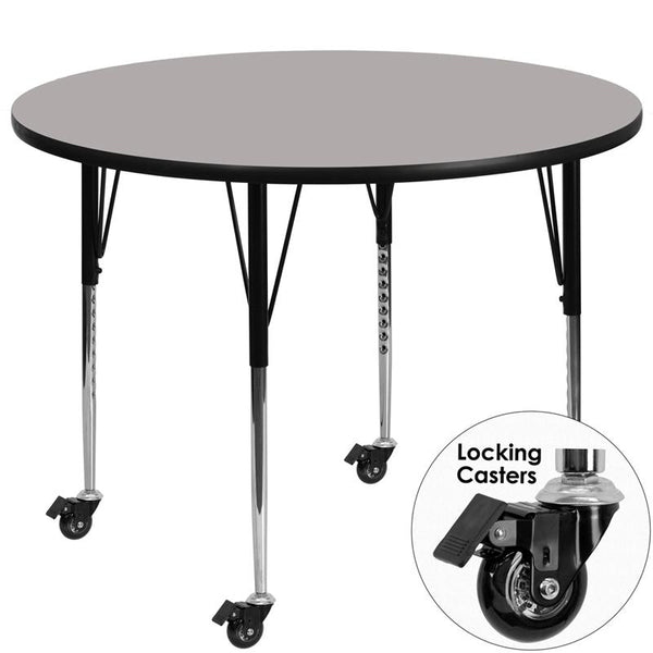 Flash Furniture Mobile 42'' Round Grey HP Laminate Activity Table - Standard Height Adjustable Legs - XU-A42-RND-GY-H-A-CAS-GG