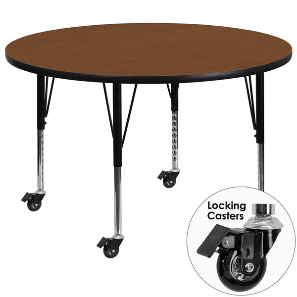 Flash Furniture Mobile 42'' Round Oak HP Laminate Activity Table - Height Adjustable Short Legs - XU-A42-RND-OAK-H-P-CAS-GG