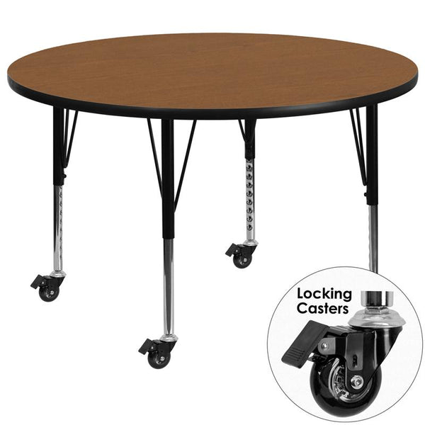 Flash Furniture Mobile 42'' Round Oak Thermal Laminate Activity Table - Height Adjustable Short Legs - XU-A42-RND-OAK-T-P-CAS-GG