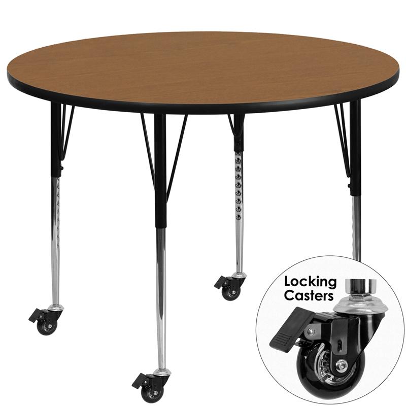 Flash Furniture Mobile 42'' Round Oak Thermal Laminate Activity Table - Standard Height Adjustable Legs - XU-A42-RND-OAK-T-A-CAS-GG