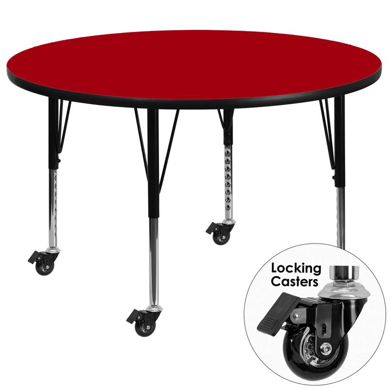 Flash Furniture Mobile 42'' Round Red Thermal Laminate Activity Table - Height Adjustable Short Legs - XU-A42-RND-RED-T-P-CAS-GG