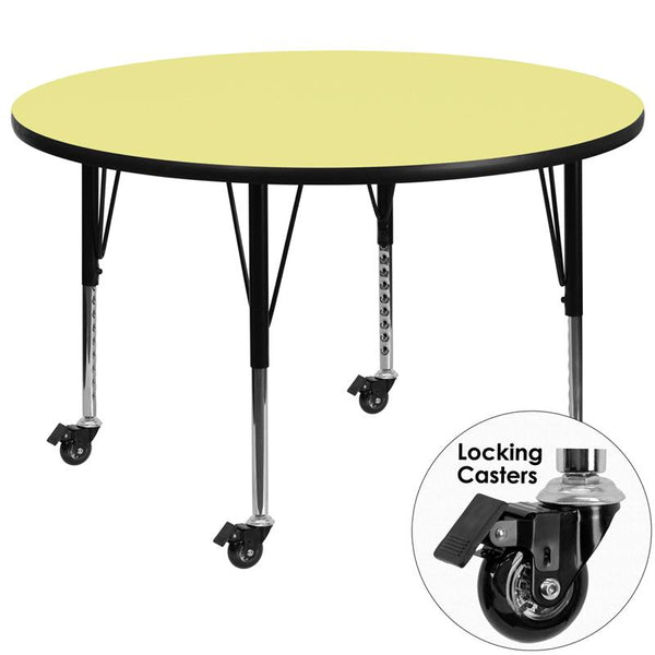 Flash Furniture Mobile 42'' Round Yellow Thermal Laminate Activity Table - Height Adjustable Short Legs - XU-A42-RND-YEL-T-P-CAS-GG