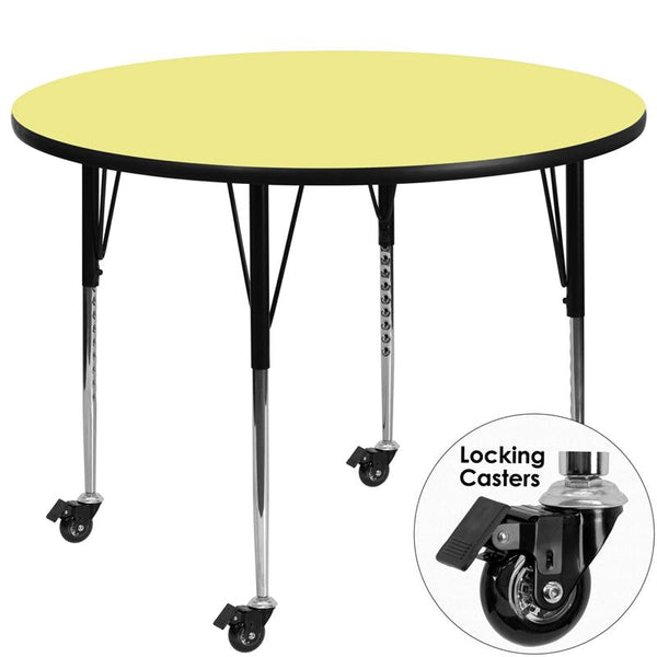 Flash Furniture Mobile 42'' Round Yellow Thermal Laminate Activity Table - Standard Height Adjustable Legs - XU-A42-RND-YEL-T-A-CAS-GG