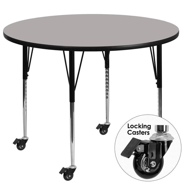 Flash Furniture Mobile 48'' Round Grey HP Laminate Activity Table - Standard Height Adjustable Legs - XU-A48-RND-GY-H-A-CAS-GG