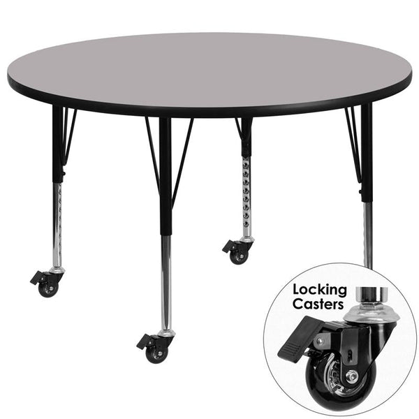 Flash Furniture Mobile 48'' Round Grey Thermal Laminate Activity Table - Height Adjustable Short Legs - XU-A48-RND-GY-T-P-CAS-GG