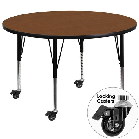 Flash Furniture Mobile 48'' Round Oak HP Laminate Activity Table - Height Adjustable Short Legs - XU-A48-RND-OAK-H-P-CAS-GG