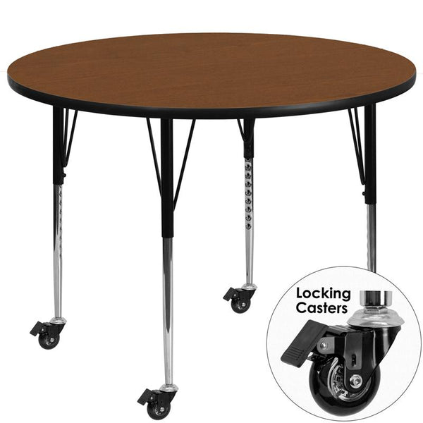 Flash Furniture Mobile 48'' Round Oak HP Laminate Activity Table - Standard Height Adjustable Legs - XU-A48-RND-OAK-H-A-CAS-GG