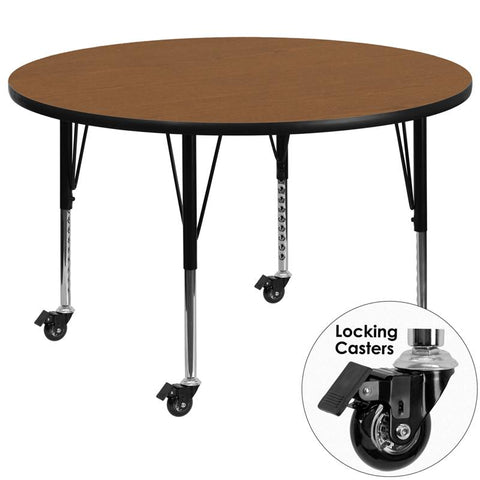 Flash Furniture Mobile 48'' Round Oak Thermal Laminate Activity Table - Height Adjustable Short Legs - XU-A48-RND-OAK-T-P-CAS-GG