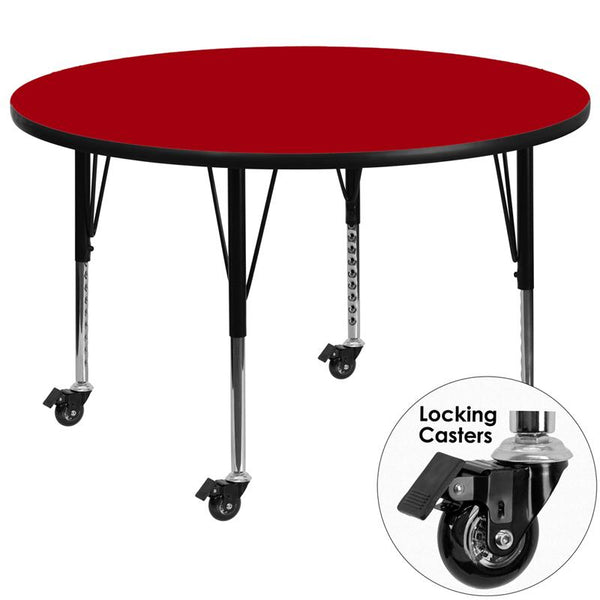 Flash Furniture Mobile 48'' Round Red Thermal Laminate Activity Table - Height Adjustable Short Legs - XU-A48-RND-RED-T-P-CAS-GG