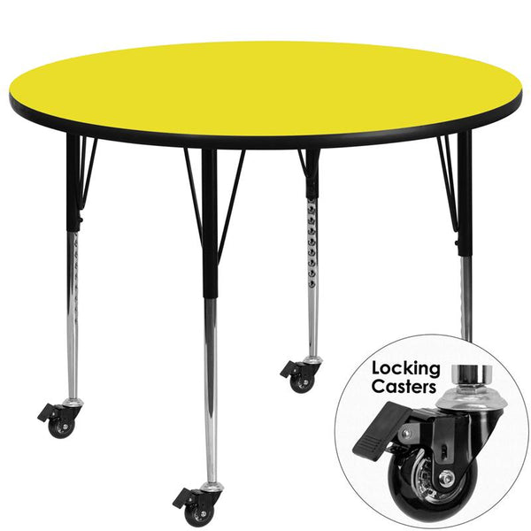 Flash Furniture Mobile 48'' Round Yellow HP Laminate Activity Table - Standard Height Adjustable Legs - XU-A48-RND-YEL-H-A-CAS-GG