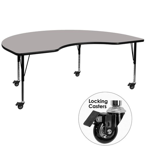 Flash Furniture Mobile 48''W x 72''L Kidney Grey HP Laminate Activity Table - Height Adjustable Short Legs - XU-A4872-KIDNY-GY-H-P-CAS-GG