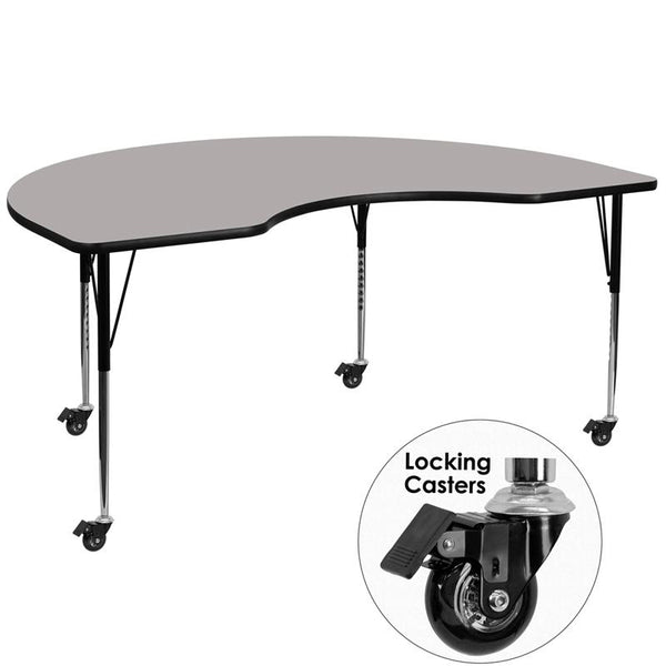 Flash Furniture Mobile 48''W x 72''L Kidney Grey HP Laminate Activity Table - Standard Height Adjustable Legs - XU-A4872-KIDNY-GY-H-A-CAS-GG