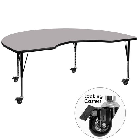 Flash Furniture Mobile 48''W x 72''L Kidney Grey Thermal Laminate Activity Table - Height Adjustable Short Legs - XU-A4872-KIDNY-GY-T-P-CAS-GG