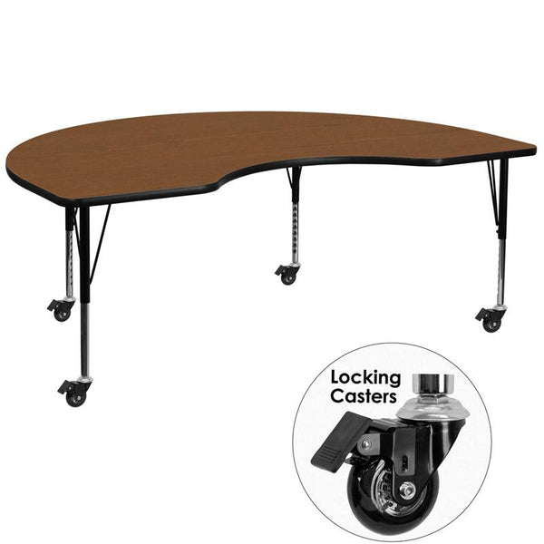 Flash Furniture Mobile 48''W x 72''L Kidney Oak HP Laminate Activity Table - Height Adjustable Short Legs - XU-A4872-KIDNY-OAK-H-P-CAS-GG