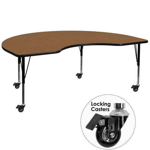 Flash Furniture Mobile 48''W x 72''L Kidney Oak Thermal Laminate Activity Table - Height Adjustable Short Legs - XU-A4872-KIDNY-OAK-T-P-CAS-GG