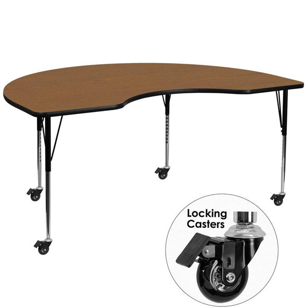 Flash Furniture Mobile 48''W x 72''L Kidney Oak Thermal Laminate Activity Table - Standard Height Adjustable Legs - XU-A4872-KIDNY-OAK-T-A-CAS-GG