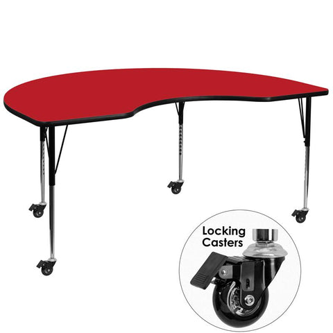 Flash Furniture Mobile 48''W x 72''L Kidney Red HP Laminate Activity Table - Standard Height Adjustable Legs - XU-A4872-KIDNY-RED-H-A-CAS-GG