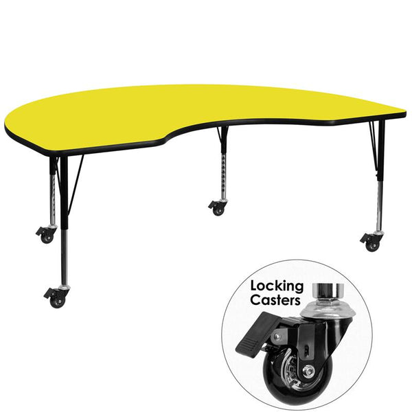 Flash Furniture Mobile 48''W x 72''L Kidney Yellow HP Laminate Activity Table - Height Adjustable Short Legs - XU-A4872-KIDNY-YEL-H-P-CAS-GG