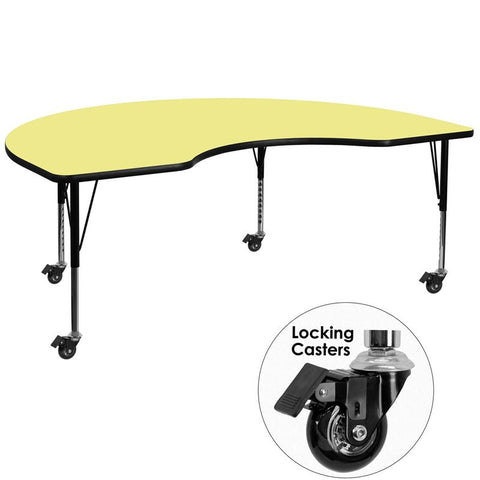 Flash Furniture Mobile 48''W x 72''L Kidney Yellow Thermal Laminate Activity Table - Height Adjustable Short Legs - XU-A4872-KIDNY-YEL-T-P-CAS-GG