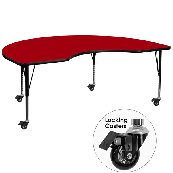 Flash Furniture Mobile 48''W x 96''L Kidney Red Thermal Laminate Activity Table - Height Adjustable Short Legs - XU-A4896-KIDNY-RED-T-P-CAS-GG